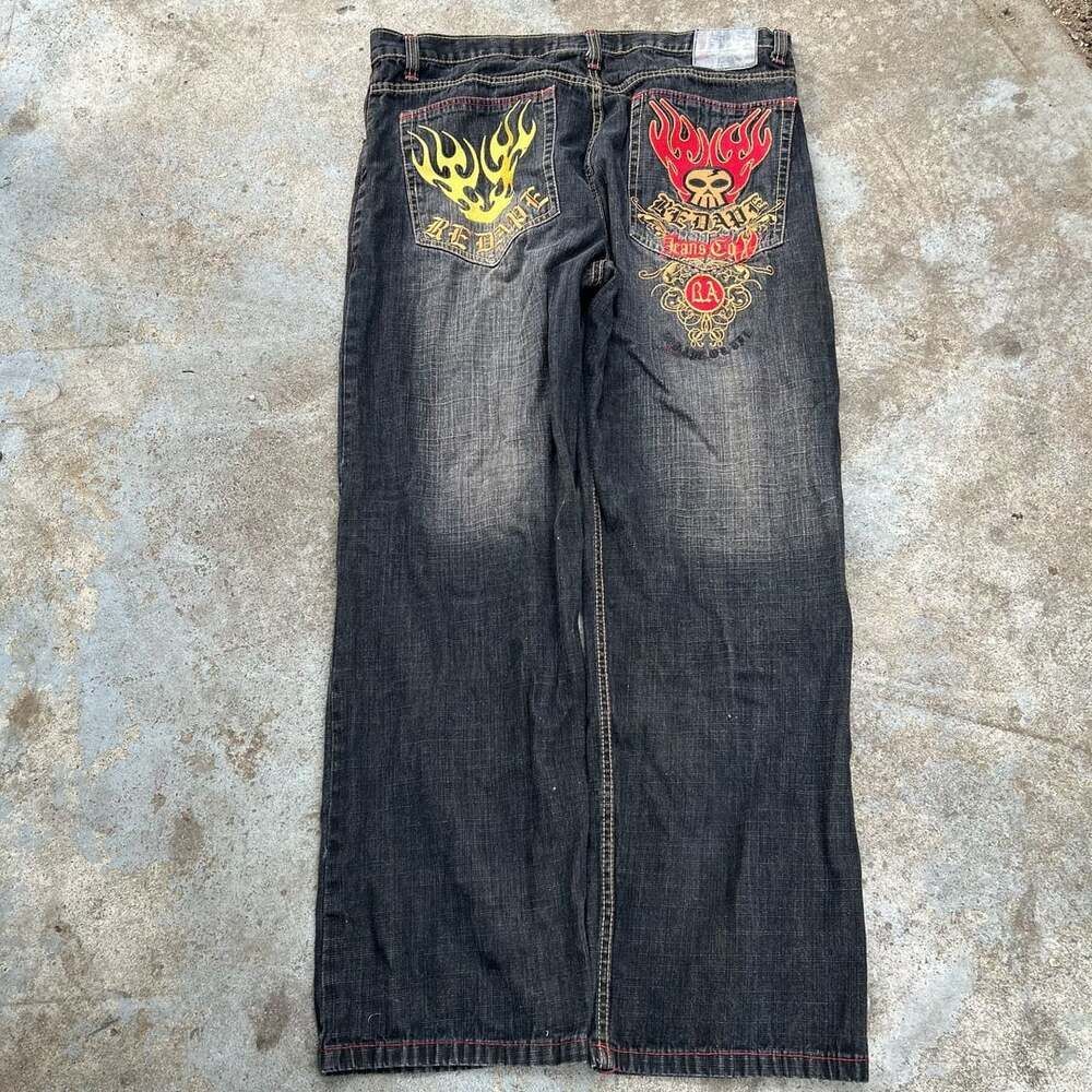 Y2k Red Ape Jeans Black Denim Jeans Flame Skull Embroidered Skater Baggy